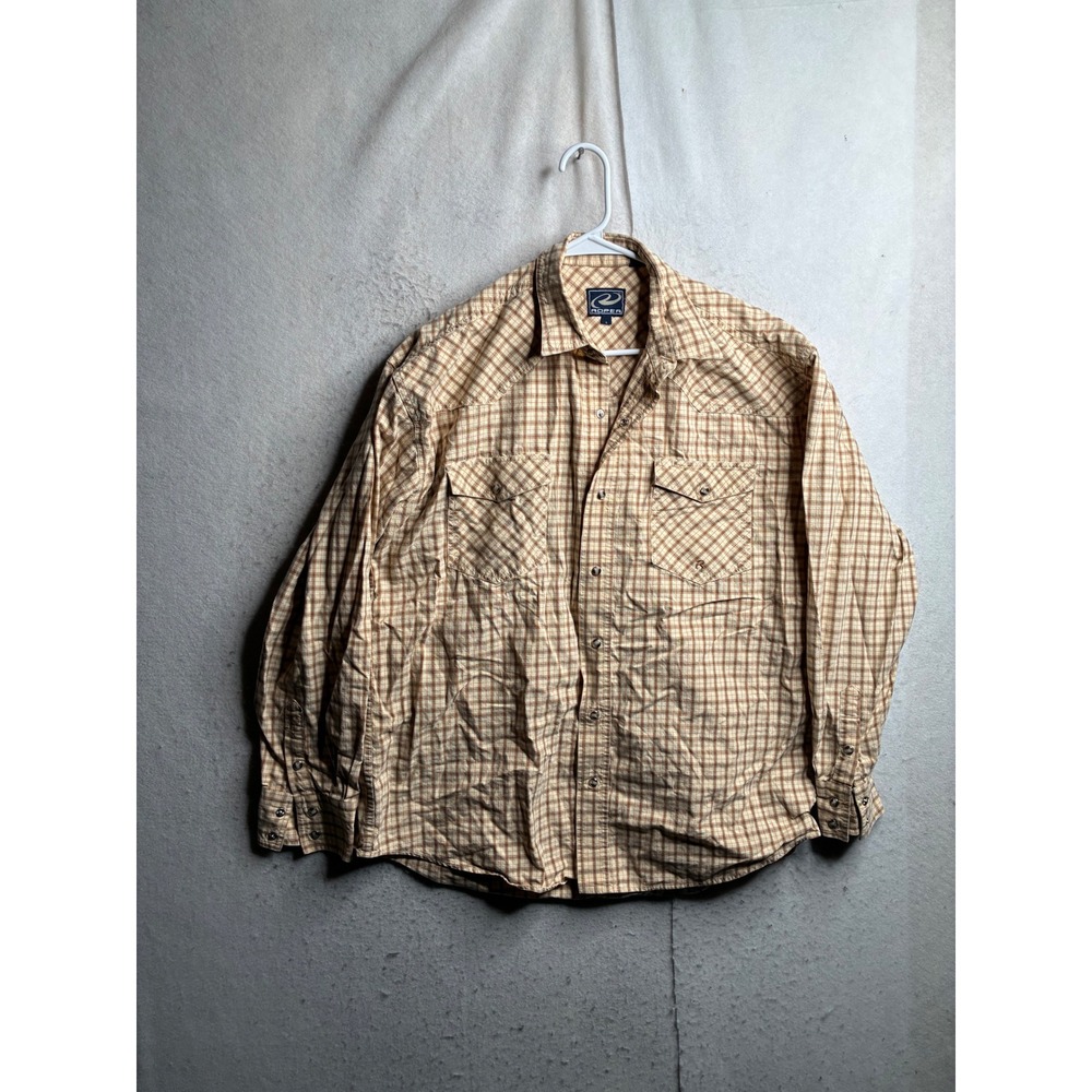 Roper Mens Tan Orange Plaid Western Pearl Snap Shirt Large 301-151-413WH